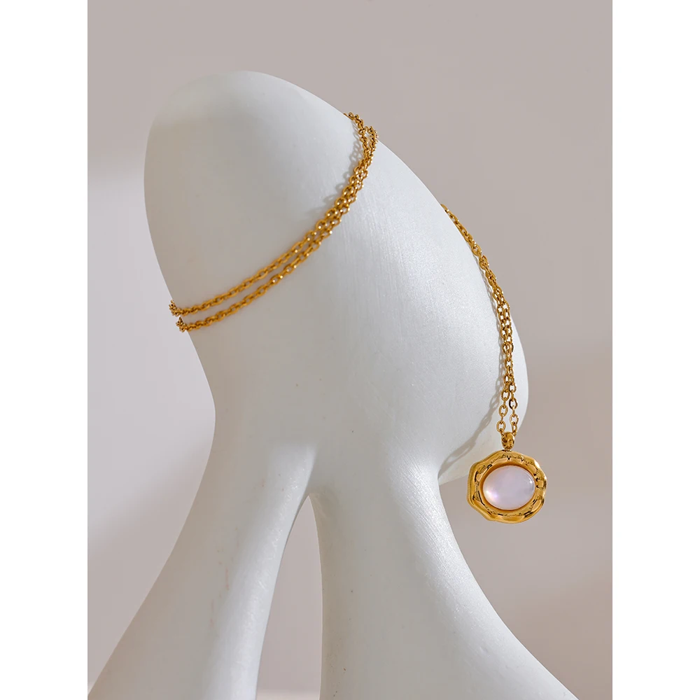 Yhpup Fashion Natural Shell Round Chic Pendant Necklace Waterproof Stainless Steel Golden High Quality Jewelry Accessories