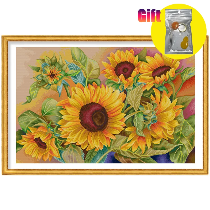 Printed Fabric Bouquet for Women, Cross Stitch Kits, Europe style, Sunflower, Crafts Gifts for mother, 11CT Cross-Stitch