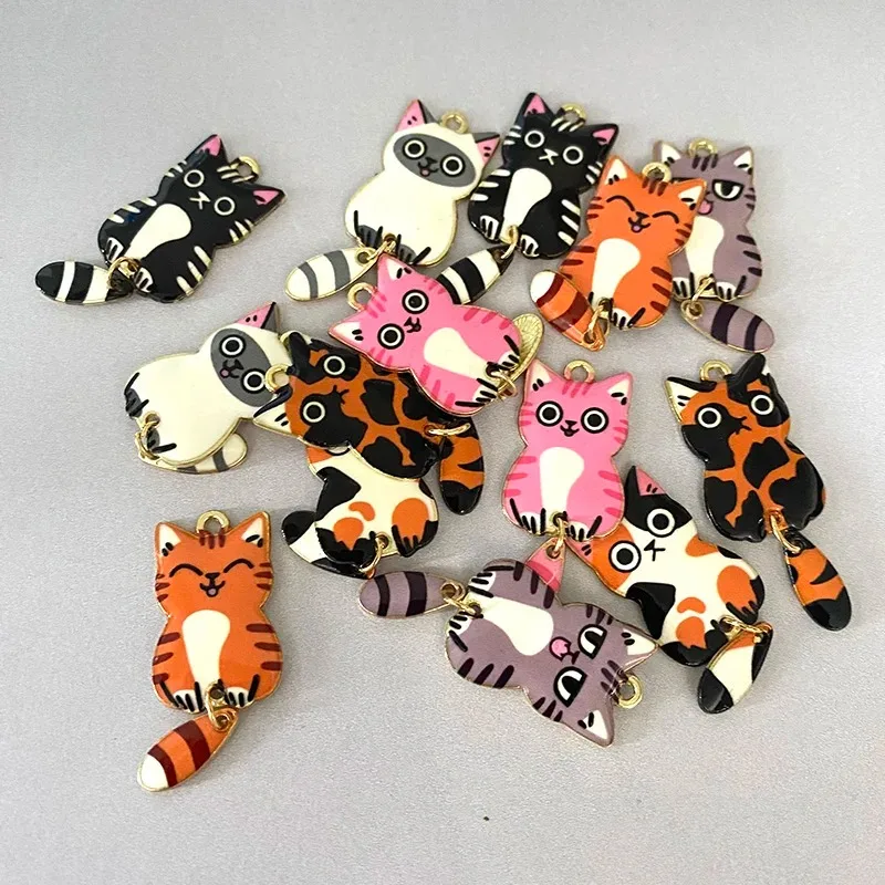 10pcs Colorful Striped Cat Alloy Charms Lovely Cute Spotted Cat Pendants For Necklace Earring Keychains Diy Jewelry Make