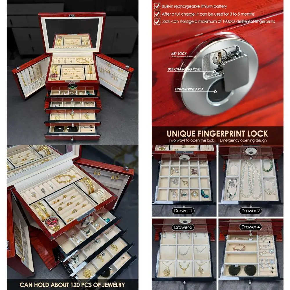 

Large 7-Layer Wooden Jewelry Organizer with Fingerprint Lock Safe and Necklace Hanger