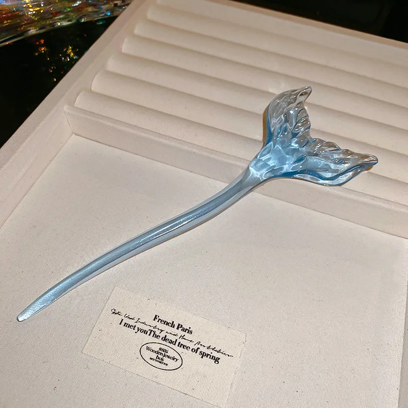 النمط الصيني شفافة الأزرق البحر الراتنج ذيل السمكة دبابيس الشعر للنساء الإبداعية الشعر العصي موضة إكسسوارات الشعر عطلة الخامس