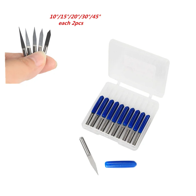 10pcs 10/15/20/ 30/45 Degree Milling Cutter Tools Set PCB Engraving Bits 3.175mm Shank Tungsten Carbide V Shape CNC Router Bit