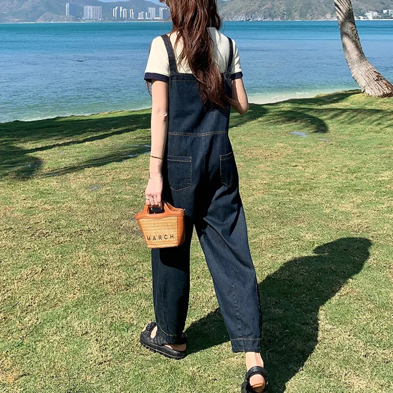 Women Vintage Dark Blue Fashion Denim Jumpsuits Overall Strap Pants Y2K Streetwear 2024 Summer Casual Straight Leg Capris Jeans