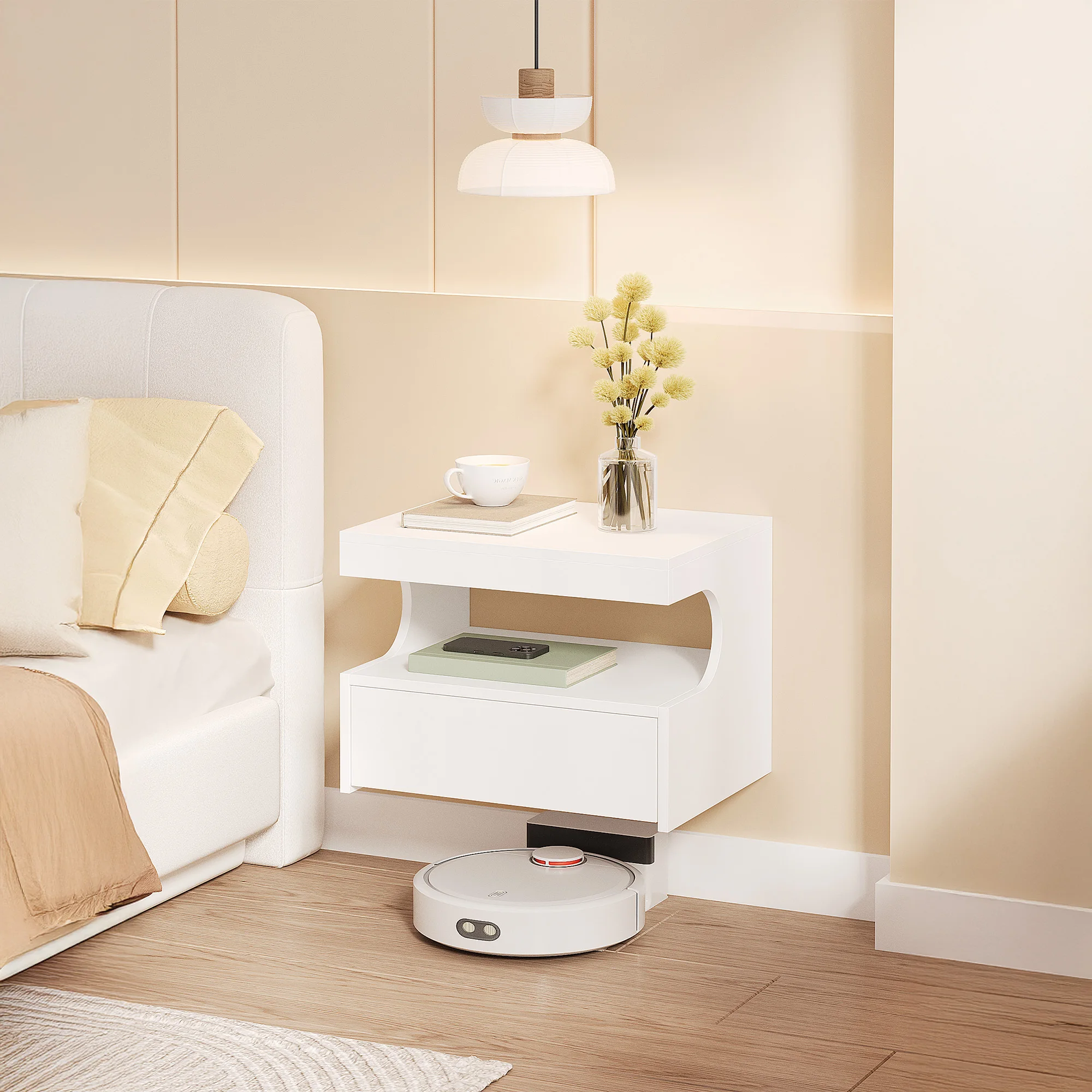 Table de chevet suspendue, étagère murale avec tiroir, 1 tiroir à rails, étagère murale flottante avec espace ouvert, moderne