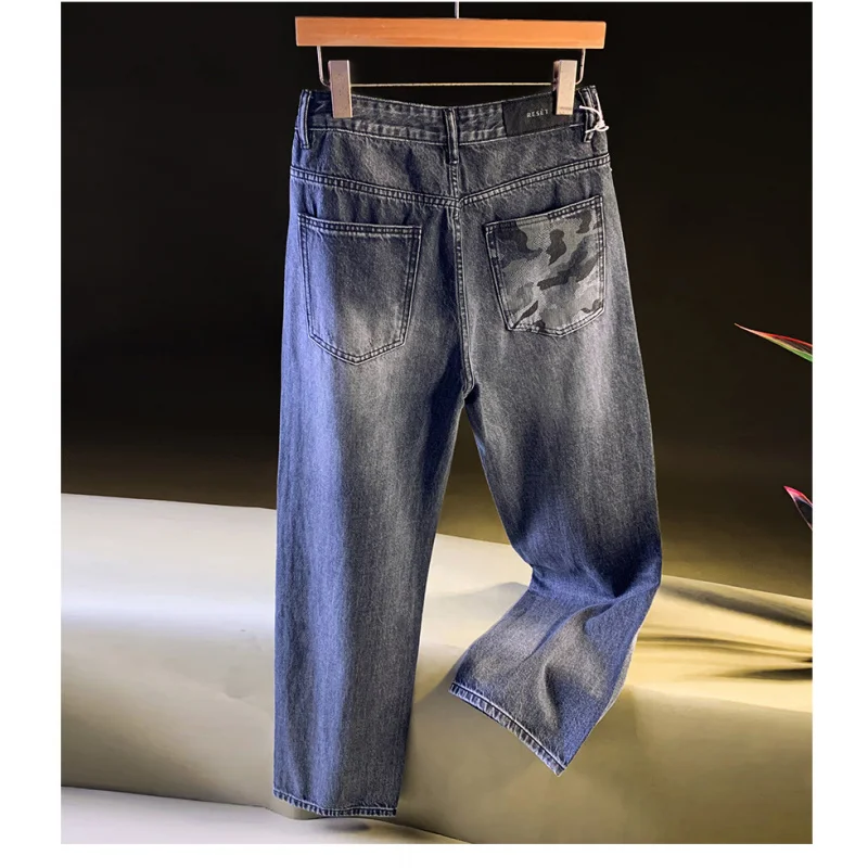 

Легкие роскошные модные свободные джинсы с прямыми штанинами, мужские осенние новинки 2024, потертые американские повседневные широкие брюки с карманами и принтом