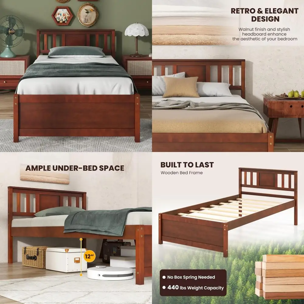 Mid Century Style Twin Size Wood Bed Frame with Headboard, Platform Design, Slat Supported, No Box Spring Needed