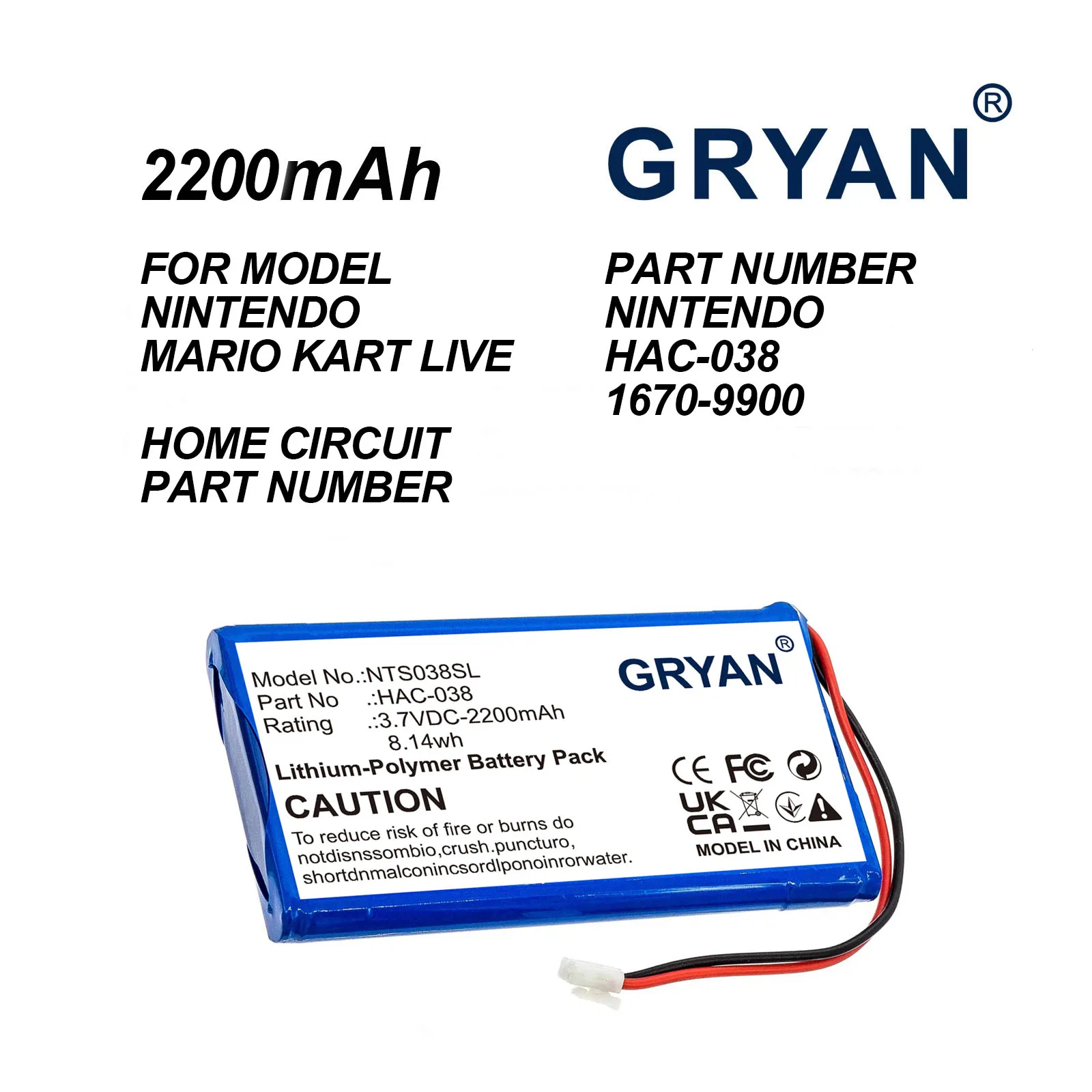 2200mAh 3.7V Li‑Polymer Battery For Nintendo Mario Kart Live Home Circuit HAC‑038 1670‑9900 Game Console Replacement 8.14Wh