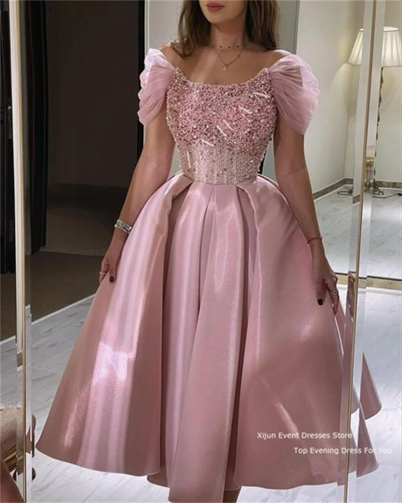 Xijun Pink Evening Dress Vestidos Beaded Short Cap SleeveA-Line Prom Gowns Ankle Length Prom Dresses 2023 Saudi Arabric Women