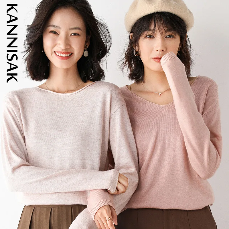 2023 Spring Autumn Womens Sweater Solid Knitwear Korean Loose Female Basic Casual Jumpers Stretch Pullover Sky Blue Pink Sweater