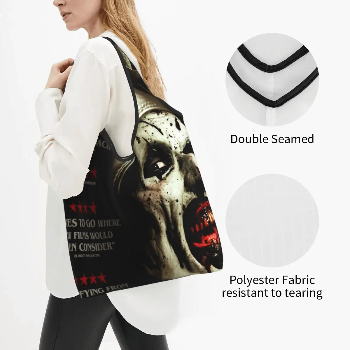 Custom Halloween Horror Movie Terrifier Clown Groceries Shopping Bags Shopper Shoulder Tote Bags Big Capacity Portable Handbag