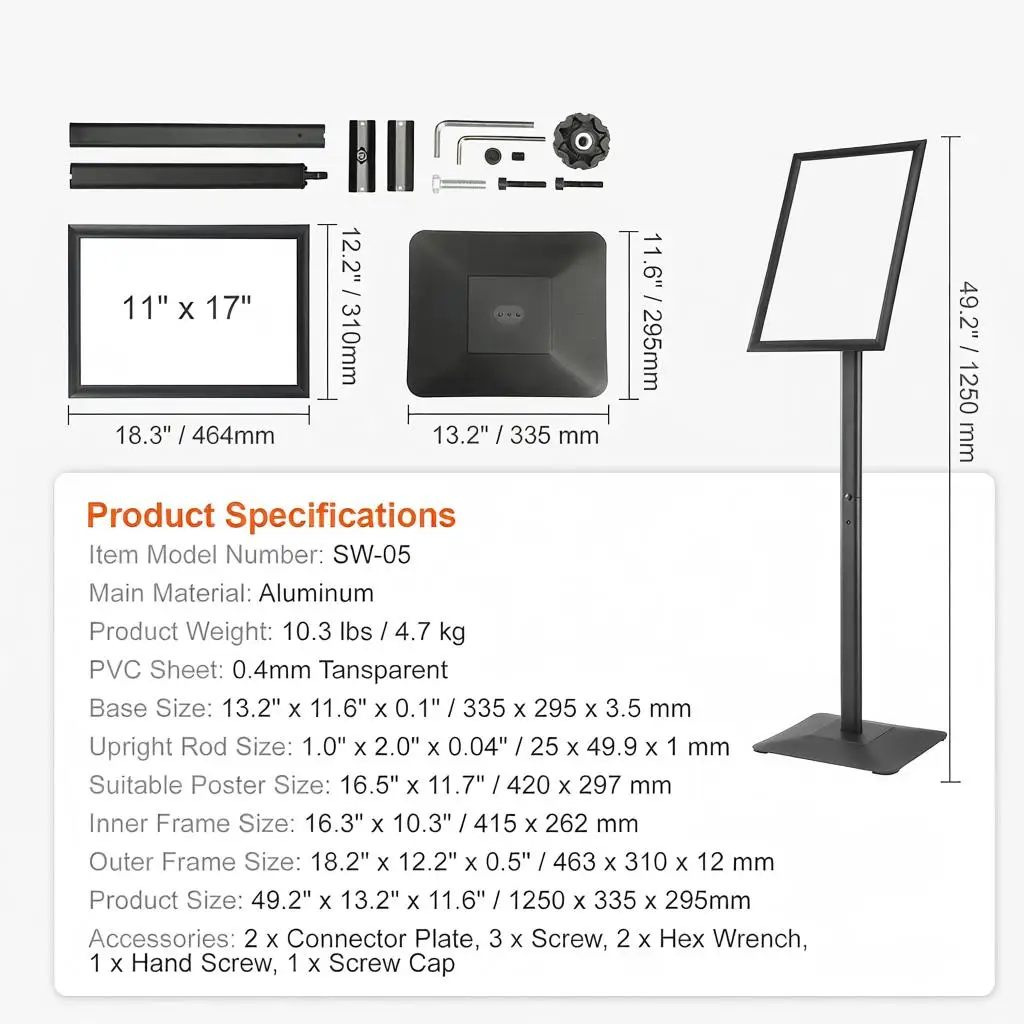 Pedestal Sign Holder, 11 x 17 Inch Vertical and Horizontal Adjustable Poster Stand, Heavy-Duty Floor Standing Sign Holder wit