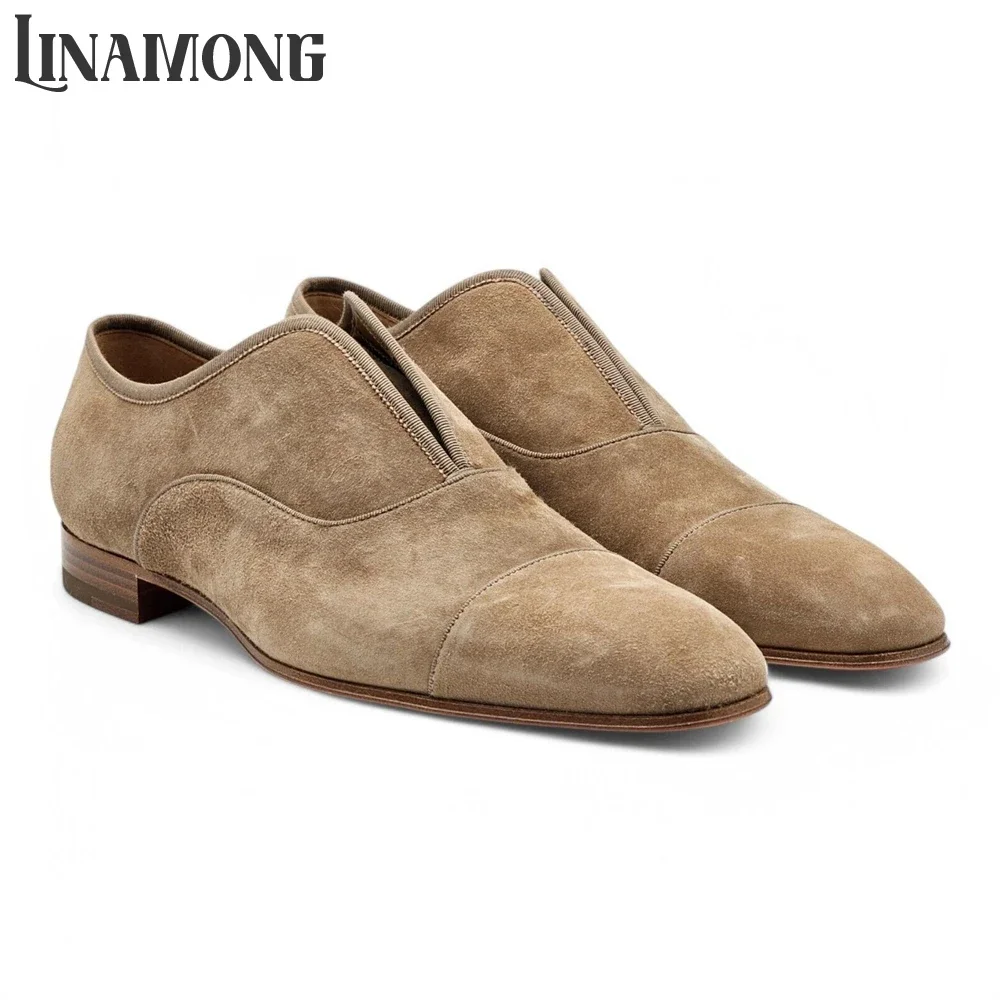 

Suede Oxford Shoes Deep Blue Tan Suede Business Dress Shoes Elegant Style Slip-On Leather Shoes Slightly Elongated Toe Oxfords