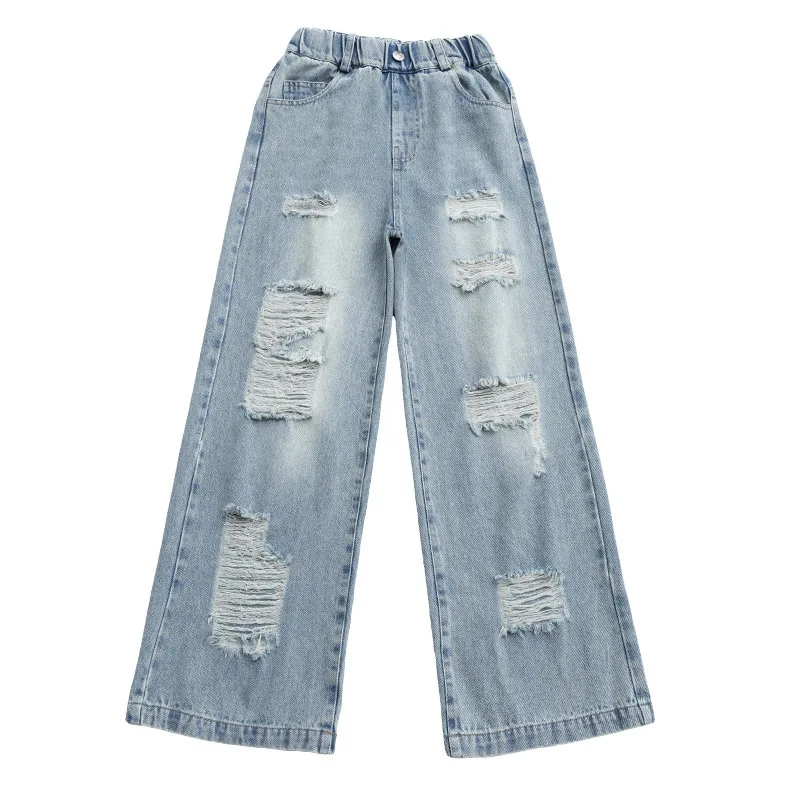 Cowgirl Ripped Jeans With Hole Kids Girls Casual Style Destroyed Denim Pants Spring Autumn Child High Street Clothes 5 to 14 Y