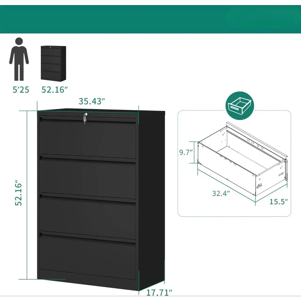 Metal Lateral Filing Cabinet, Stainless Steel Wide Lateral File Cabinet with Lock for Legal/Letter A4 Size, Assembly Required