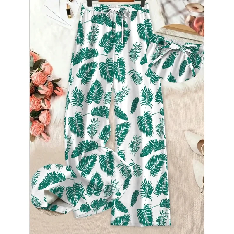 Women's Bohemian Leaf Print Wide Leg Pants Summer Casual Loose Comfortable Elegant Vacation Style with Strap