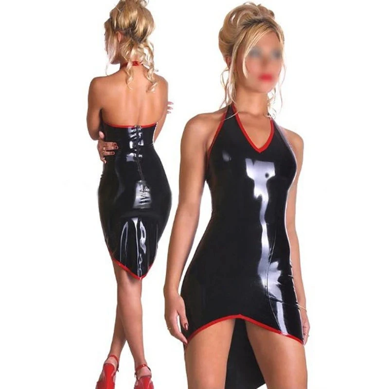 

Sexy Women Black Halter Latex Rubber Costumes Summer Backless Latex Dress with Back Zip Customize