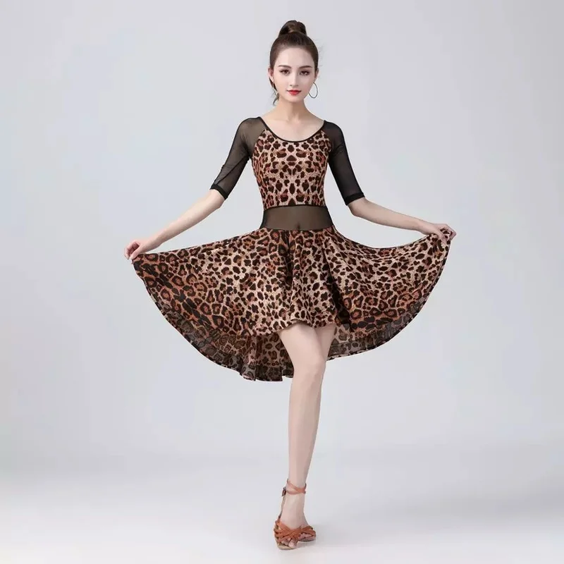 2023 Sexy Ladies Latin Dance Dress Leopard Dress Costume Sexy Mesh Splicing Leopard Professional Ballroom Clothes Tango Samba