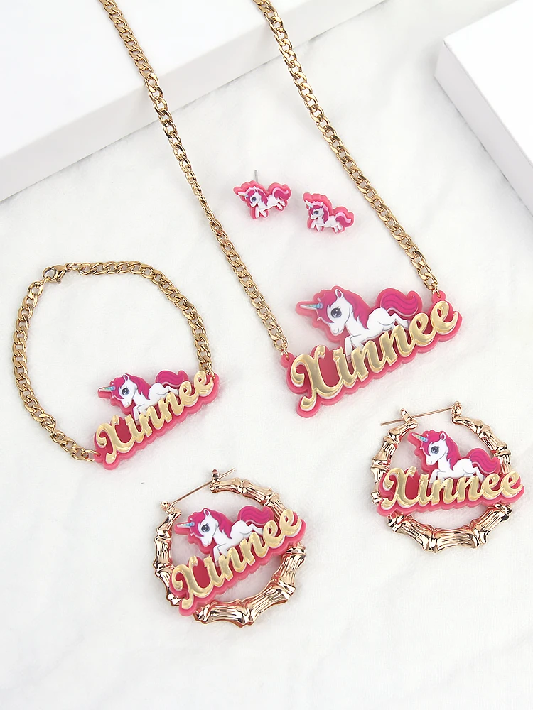 Customized Name Unicorn Necklace Earrings Jewelry Set Gift Customized Bracelet Cartoon Animal Photo Customized Birthday Gift