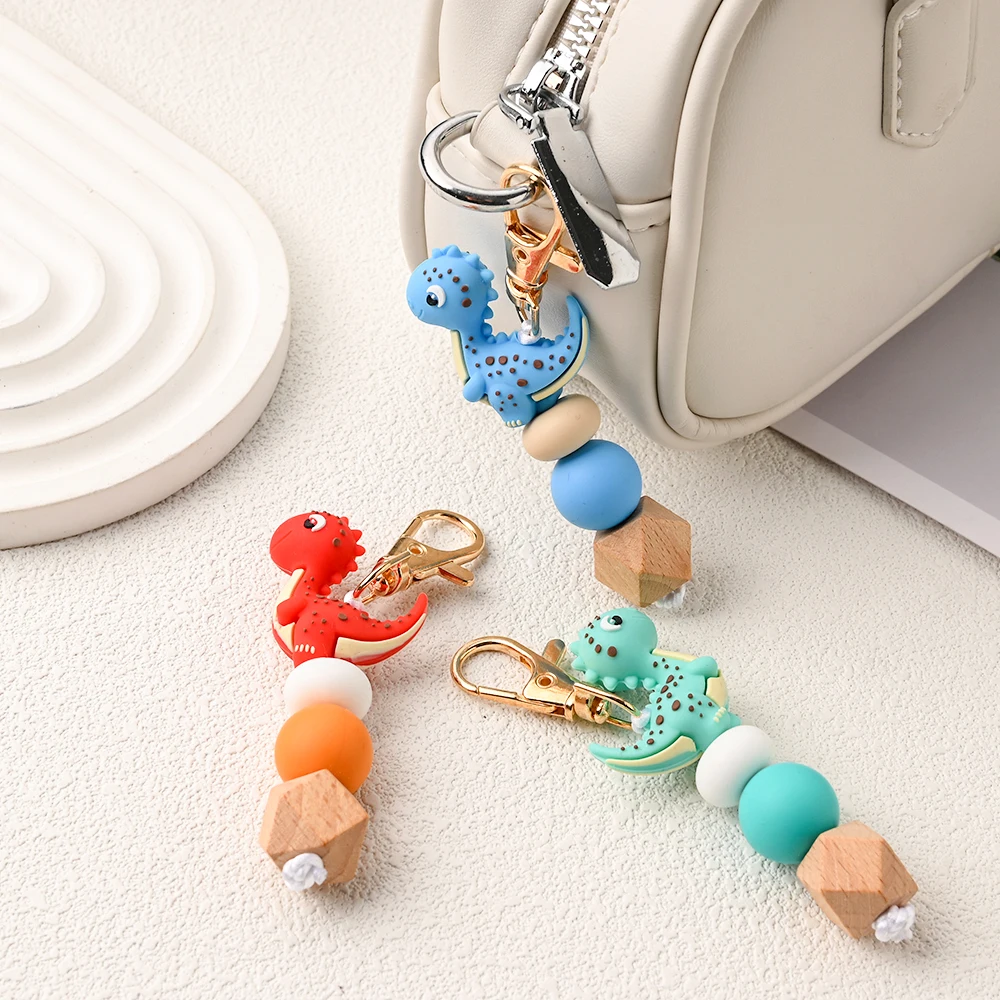 1pc Silicone Dinosaur Focus Beads Pendant Stroller Hook Charm Cartoon Handbag Keychain Silicone Decoration Accessories