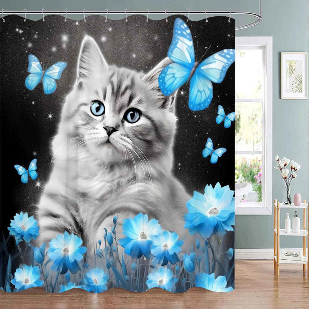 Funny Animal Shower Curtain Cute Cat in Flower with Butterfly Fluttering Polyester Fabric Washable Shower Curtain Bathroom Decor