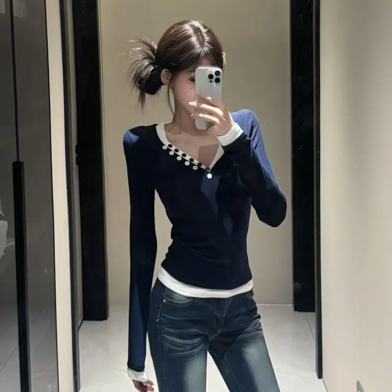 

Осенне-зимняя немецкая бархатная футболка с v-образным вырезом и пряжкой, новая футболка из двух предметов с длинными рукавами, нижняя рубашка, женский топ для похудения