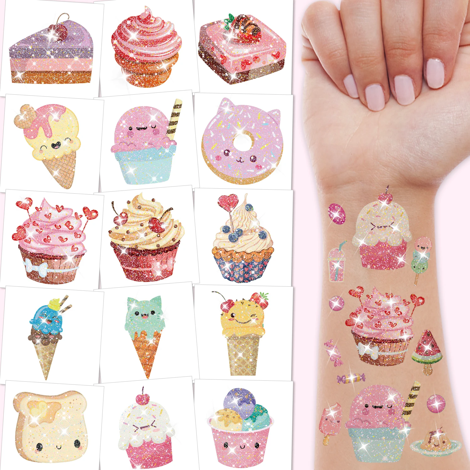 Glitter Ice Cream Temporary Tattoos for Girls - 10 Sheets, Ice Cream, Lollies, Donut Cake Tattoos - Sweet Summer Tattoos