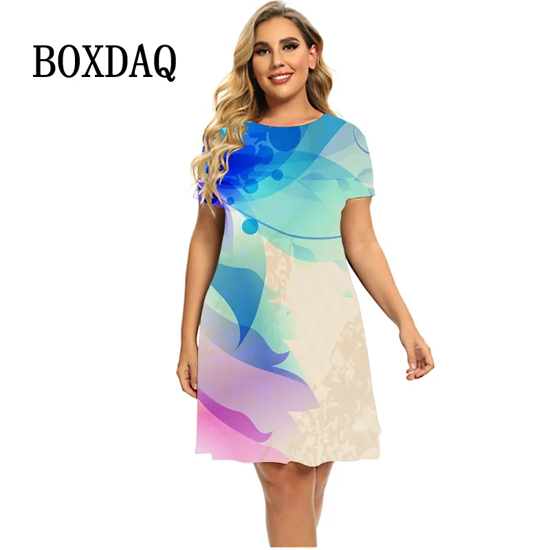 Gradiënt Elegante Dames Jurken Zomer Mode Korte Mouw A-Lijn Feestjurk Vrouwen Casual Bloemenprint Losse Kleding Oversized