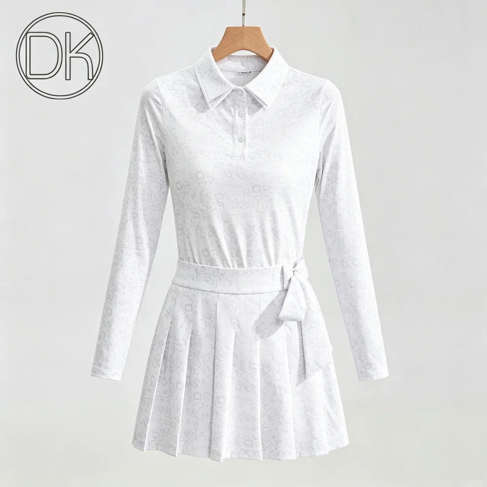 DK New Golf Ladies Clothing Printed Long Sleeve Sunscreen Polo Shirt Woman Quick-dry Polo Tops High Waist Pleated Tennis Skirts