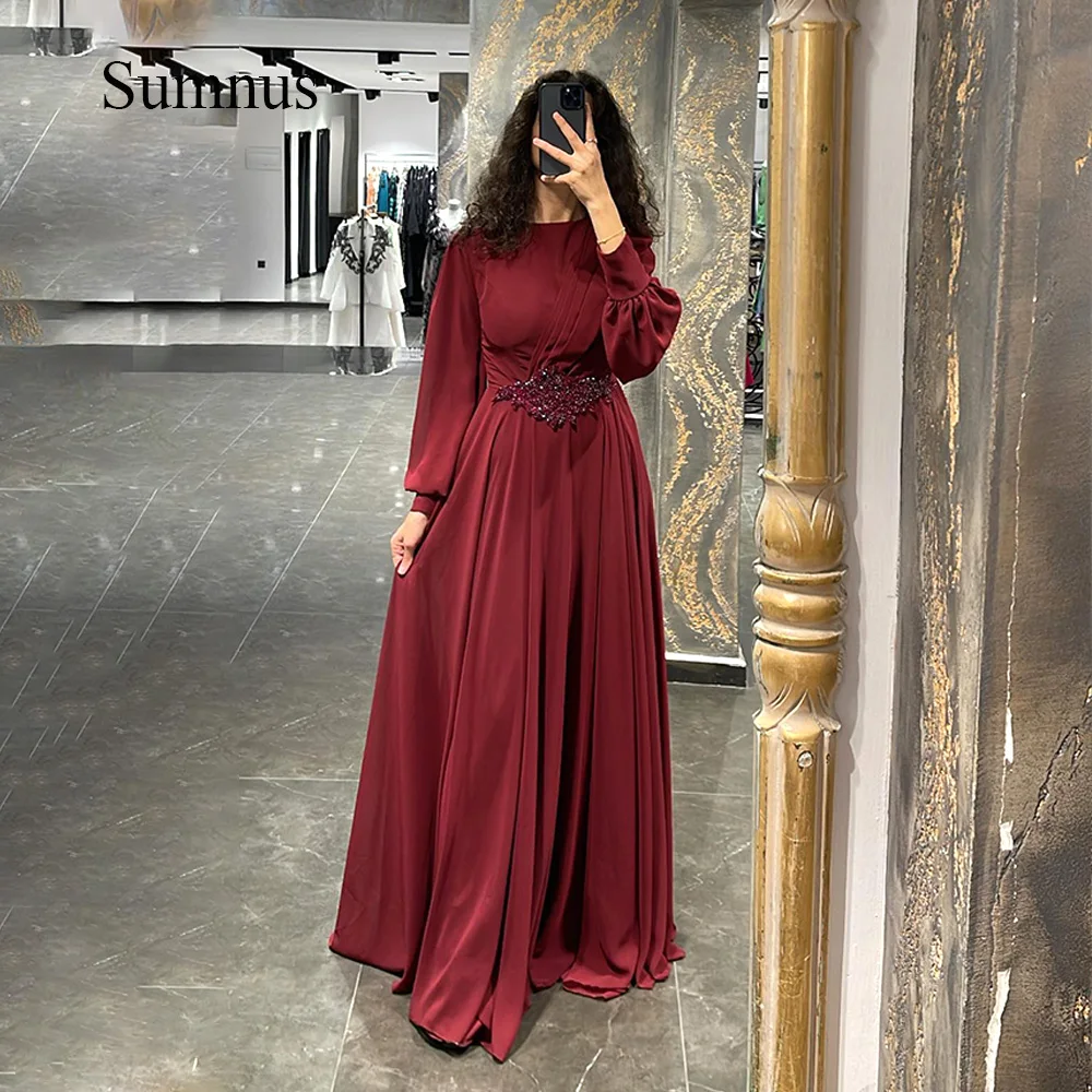 

Sumnus Burgundy Chiffon Saudi Arabia Evening Dresses Long Sleeve Beads Elegant Dubai Formal Dress Muslim Women Gown Floor Length