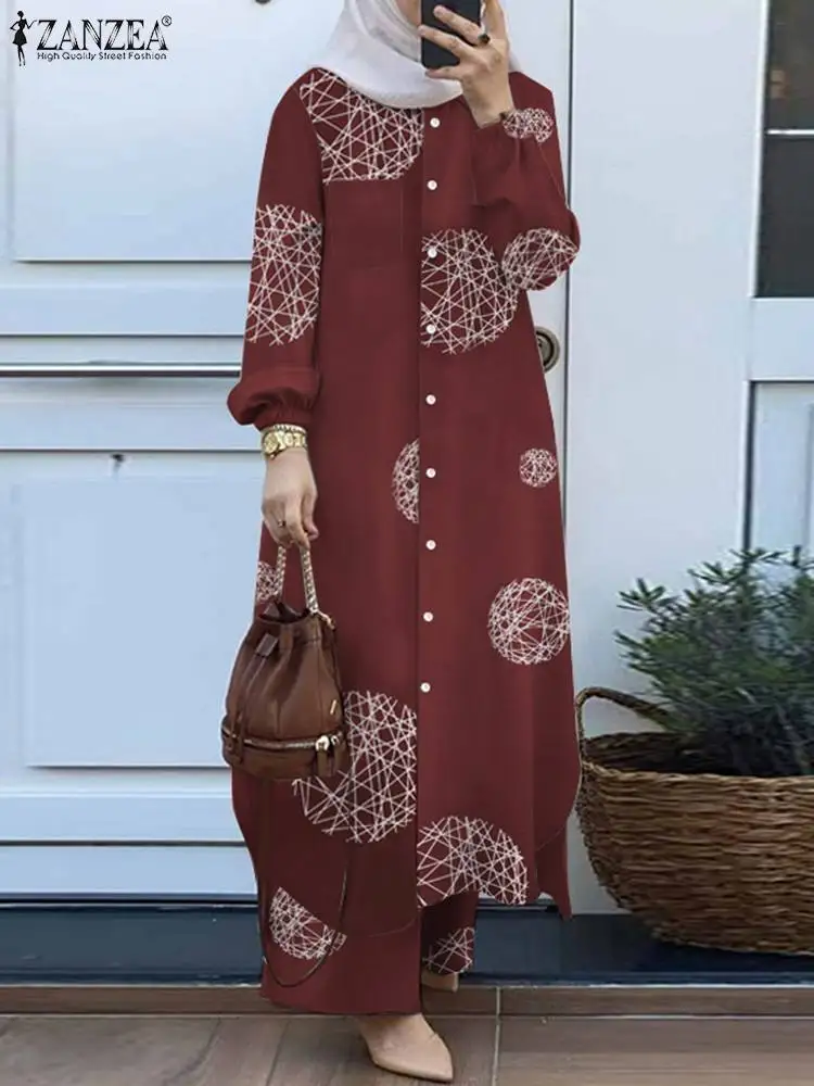 ZANZEA 2 sztuk kobiety z długim rękawem koszula spodnie zestawy Vintage Casual luźne dubaj turcja Abaya spodnie garnitury kwiatowe drukowane zestawy