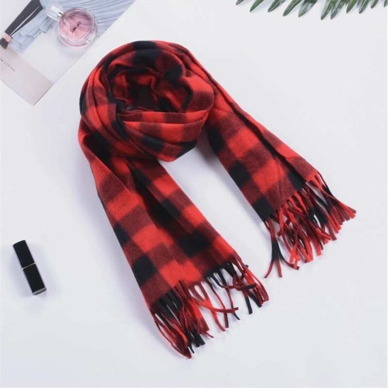 

N5KB Christmas Long Plaids Blanket 160x30cm Oversized Winter Fall Warm Scarf Big Tartan Scarves Wrap Shawl Classical Tassels