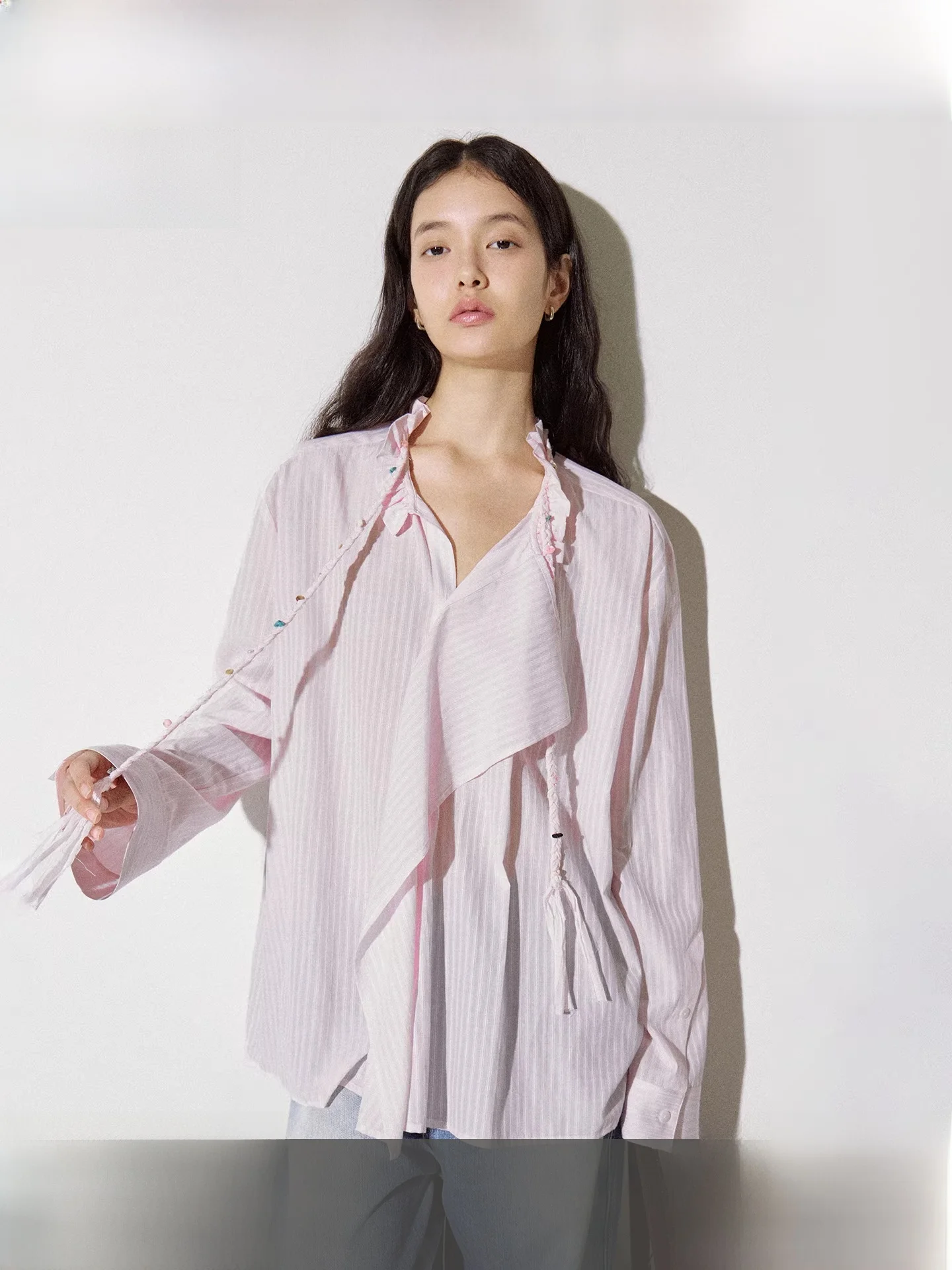 

Fano Asymmetric Hemline Faionable Design Handmade Beaded Braided Rope Striped irt Korean Sle Loose Fit Long Sve V-Ne