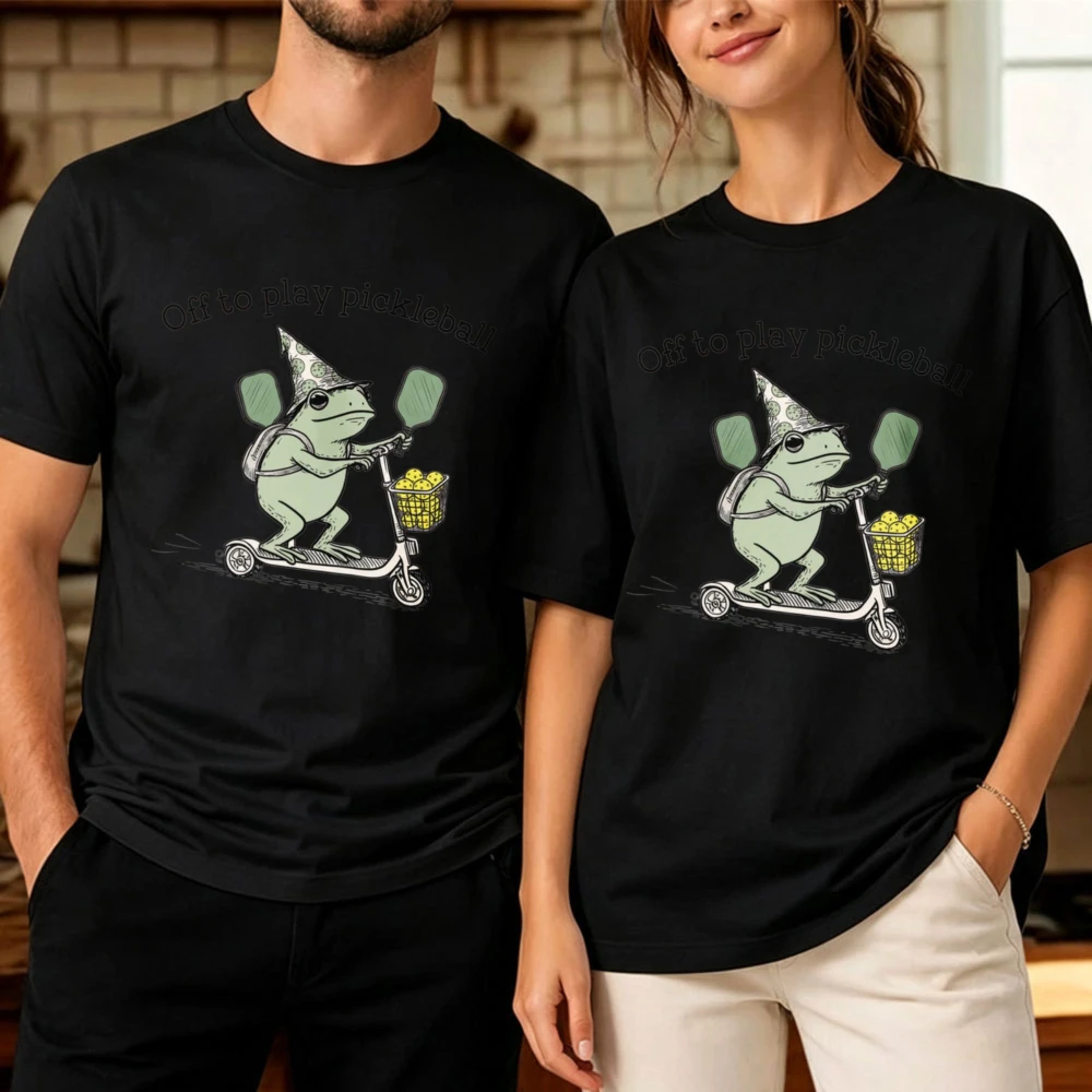 Cute Wizard Frog Riding Scooter with Pickleball Paddles Print Cotton T-Shirt Off To Play Pickleball Text Unisex Casual Party Top