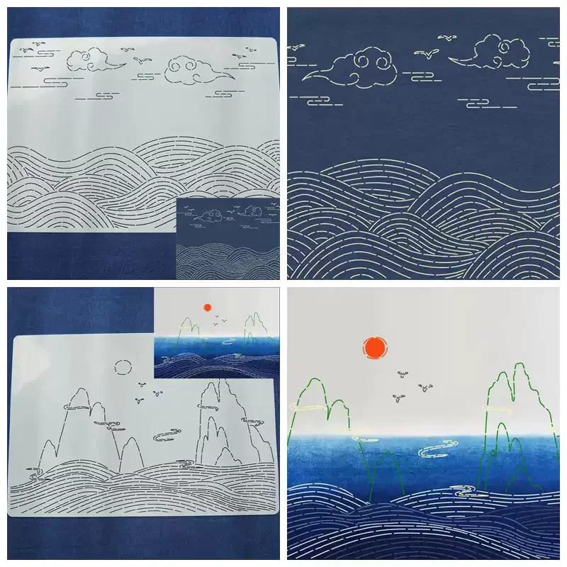 Sashiko Template Mountain Water Wave Cloud Embroidery Stencil Reusable PET formwork for Embroidery,coaster Fabric Drawing tool