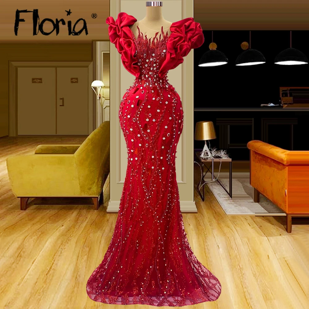 Red Lace Appliqued Long Evening Dress Women Ruffles Sleeves Mermaid Stones Prom Party Gowns Customized Arabic Vestido De Novia