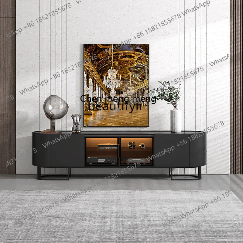 

Light luxury rock slab TV cabinet modern simple glass small apartment living room high rounded corner floor cabinet household