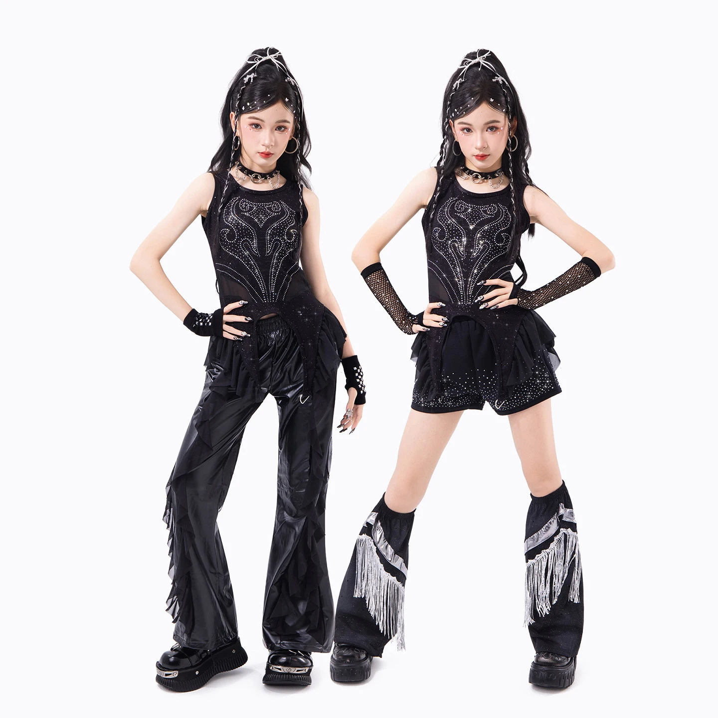 

Fashion Ballroom Hip Hop Dance Costumes For Girls Shine Black Kpop Outfits Catwalk Jazz Dance Performance Stage Clothes XH4975