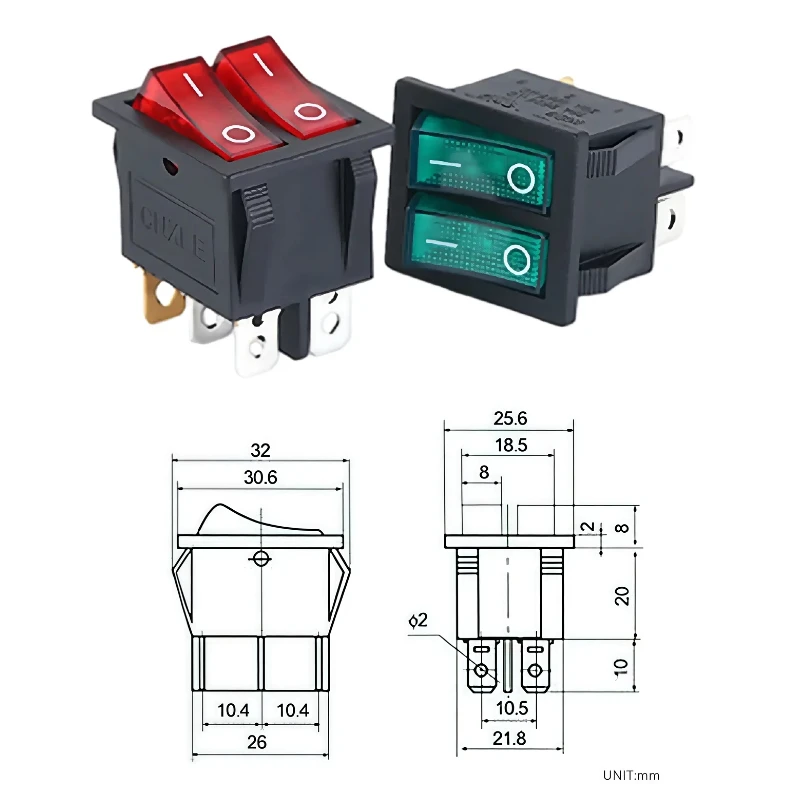 KCD8 6PIN Rocker Switch Power Switch Duplex ON-OFF 2Position 6 Pins With Light 16A 250VAC/ 20A 125VAC