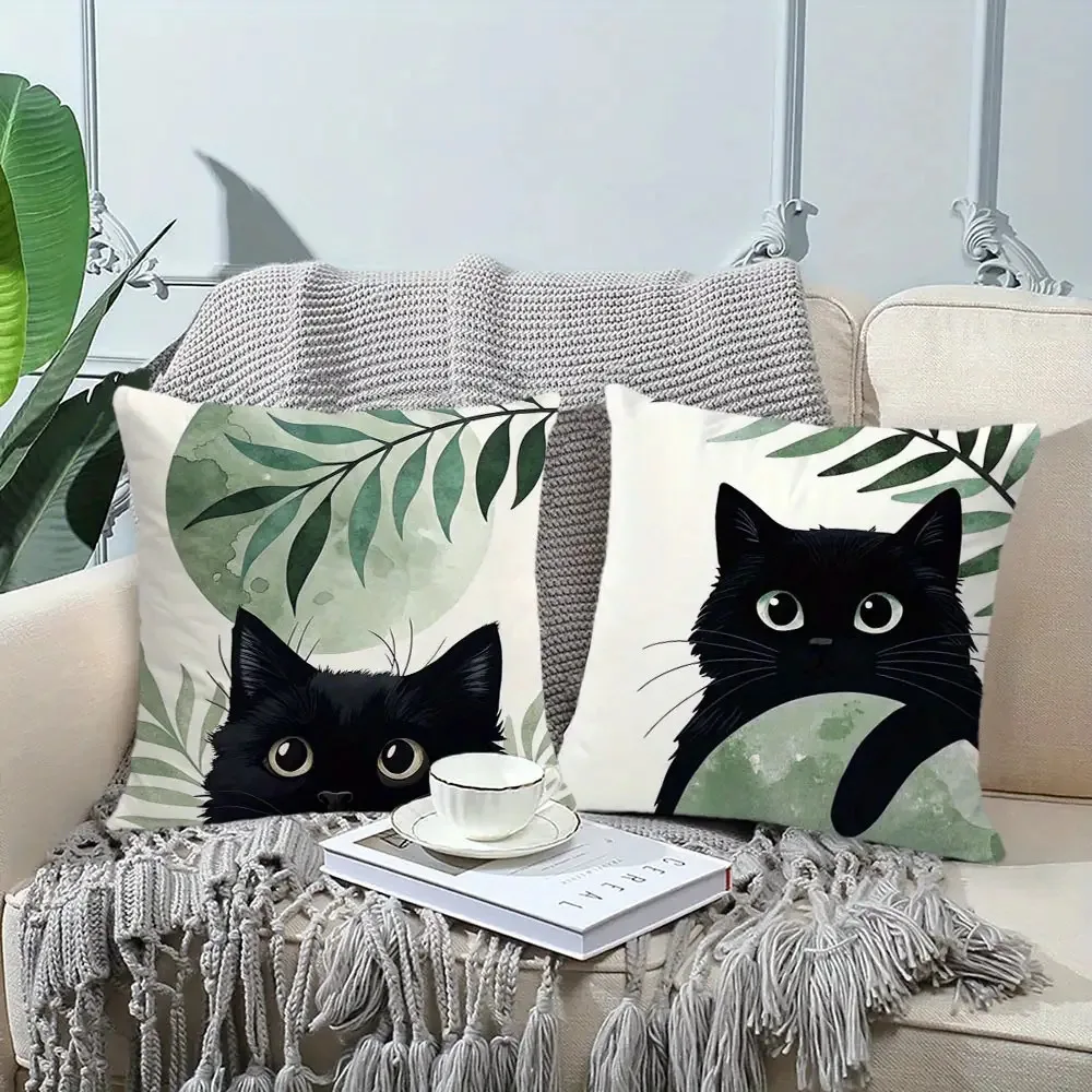 2Pcs, Healing-Themed Small Black Cat Pillow Cover, Single-Sided, Zipper Closure, Washable Polyester - Perfect for Sofa, Living Room, Bedroom Decor, Decorative Pillows.