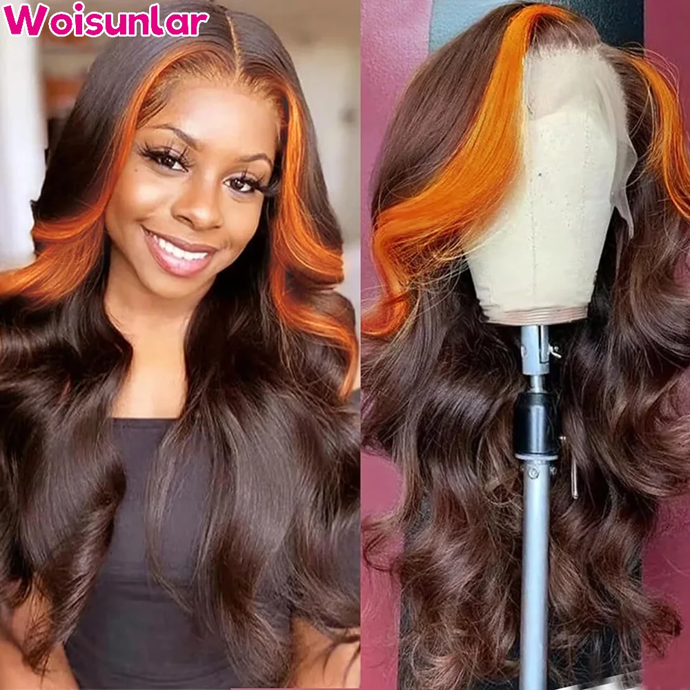 

Colorful Ginger Lace Front Ombre Wig Chocolate Brown 13X4 Body Wave Frontal Wig Orange Ginger Highlight Lace Front Wig For Women