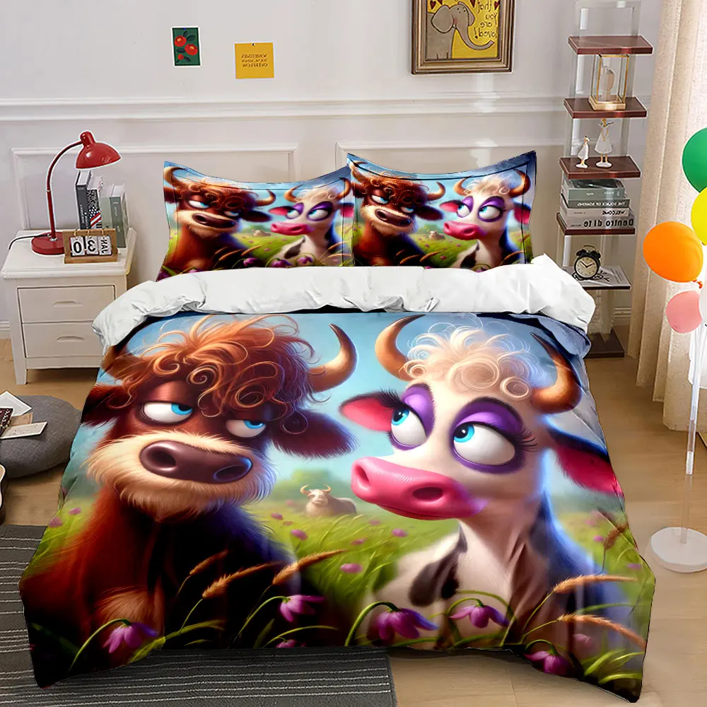 Cartoon cows among flowers Pattern Duvet Cover Set Digital Print Colorful Polyester Bedding with Zipper Closur for kids gifts