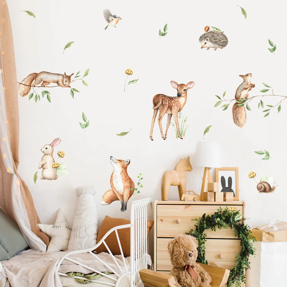 Cartoon Cute Animal illustration Watercolor Nursery Sticker Removable Wall Decals Art Print Kids Boys Room Interior Home Decor