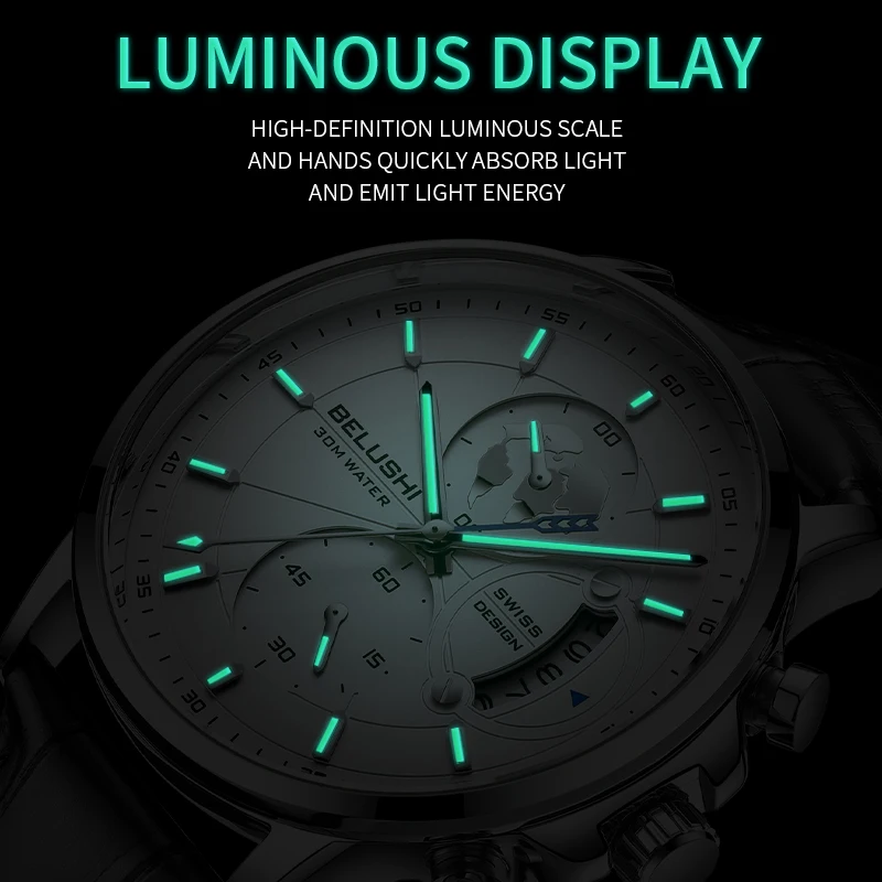 Men Watch Business Three Eye Timing Genuine Leather Waterproof Luminous Watch Steel Strip Male Fashion Quartz Clock Wristwatches