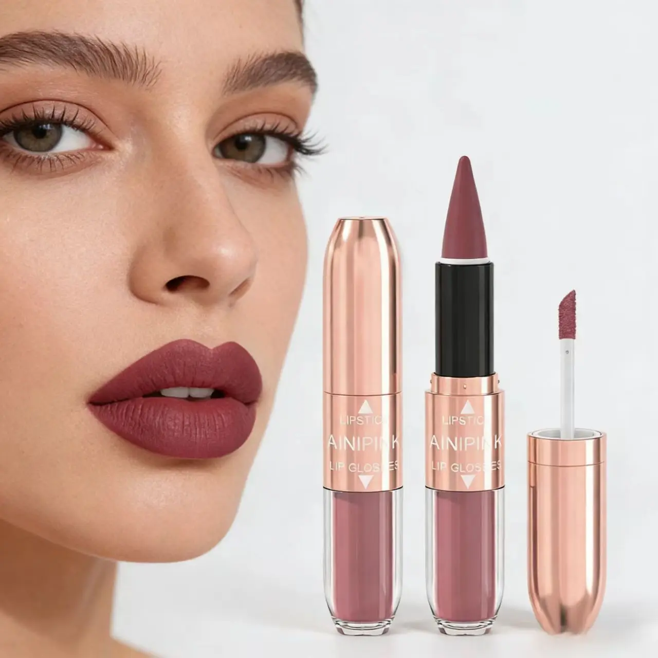 2-in-1 Matte Lipstick+Lip Gloss Waterproof Velvet Waterproof Long-Lasting Non-sticky Non-transfer Red Nude Daily&Party Makeup