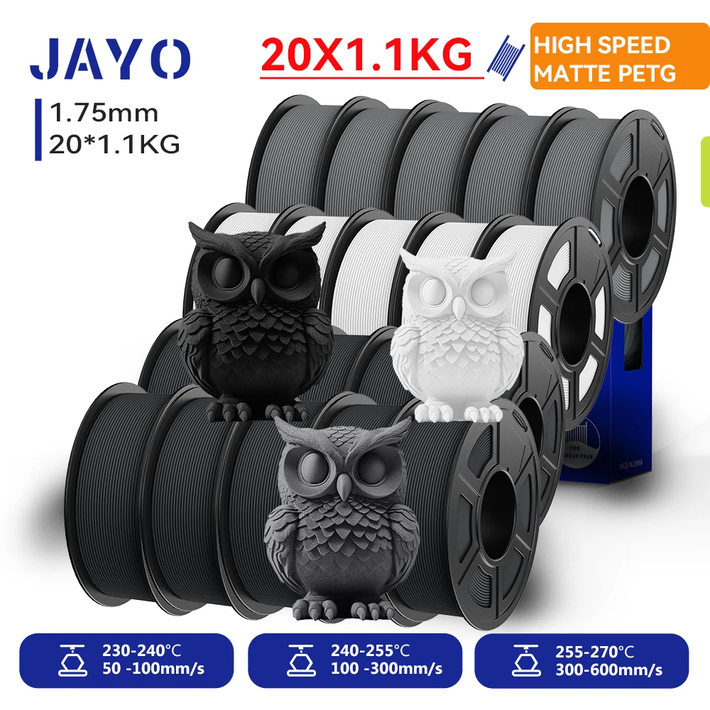 JAYO 20 Rollen PETG 3D-Filament Hochgeschwindigkeits-Matt-PETG 3D-Drucker-Filament Hochfließendes Speedy Matte Effekt 3D-Druckmaterial