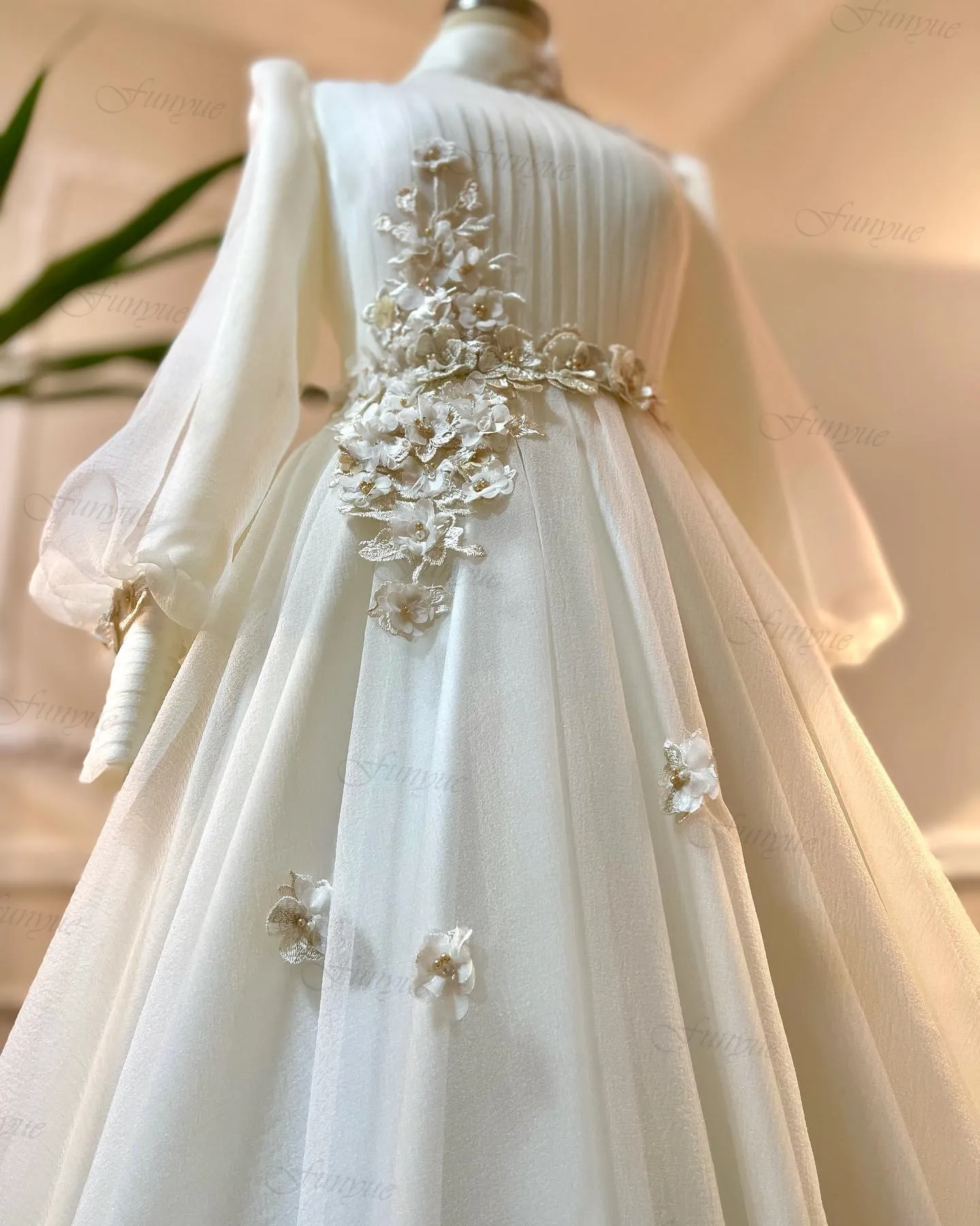 Principessa avorio 3D fiori Abito da Sposa 2024 collo alto maniche lunghe abiti da Sposa per la Sposa a-line Tulle Abito da Sposa