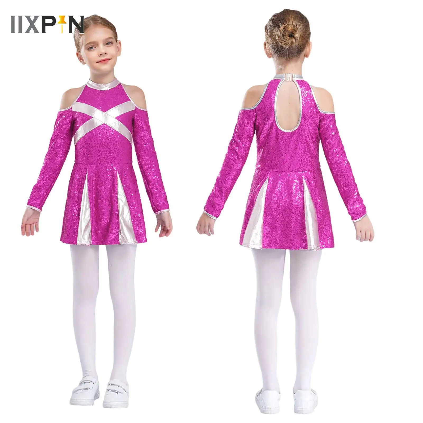 

Teens Girls Shiny Sequins Cheerleading Performance Costume Long Sleeve Cold Shoulder Dance Dress Latin Jazz Cheer Dancing Dress