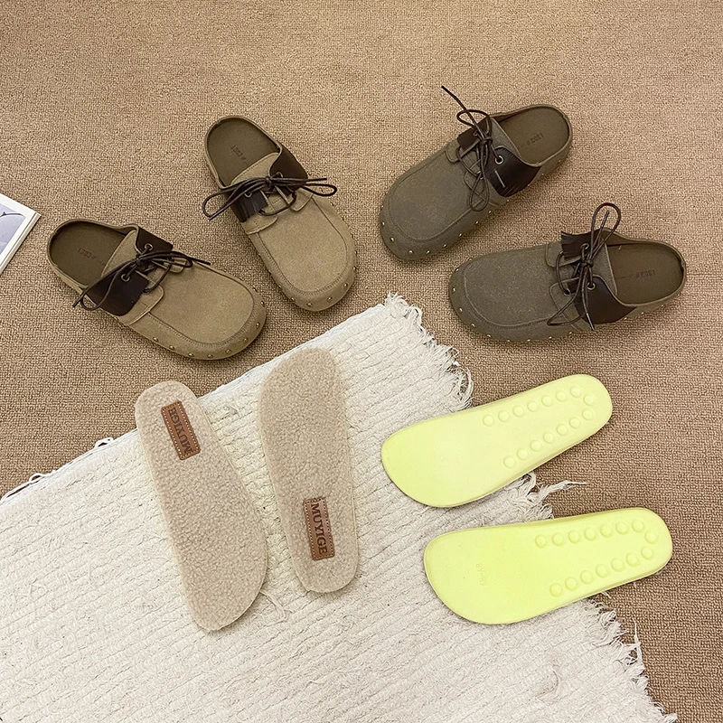 Women's Slippers Mule Shoes Thick-soled Cowhide Suede Cotton Shoes 2025 New Plus Velvet Warm Women's Lace-up Cotton Slippers