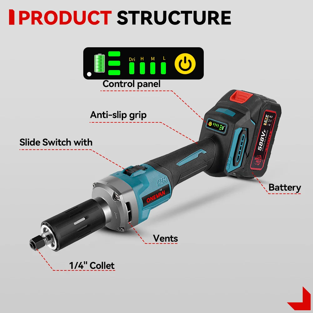 ONEVAN-Meuleuse électrique sans balais, 35000 tr/min, 2000W, 6mm, sans fil, vitesse variable, outils à distance pour batterie Makita 18V