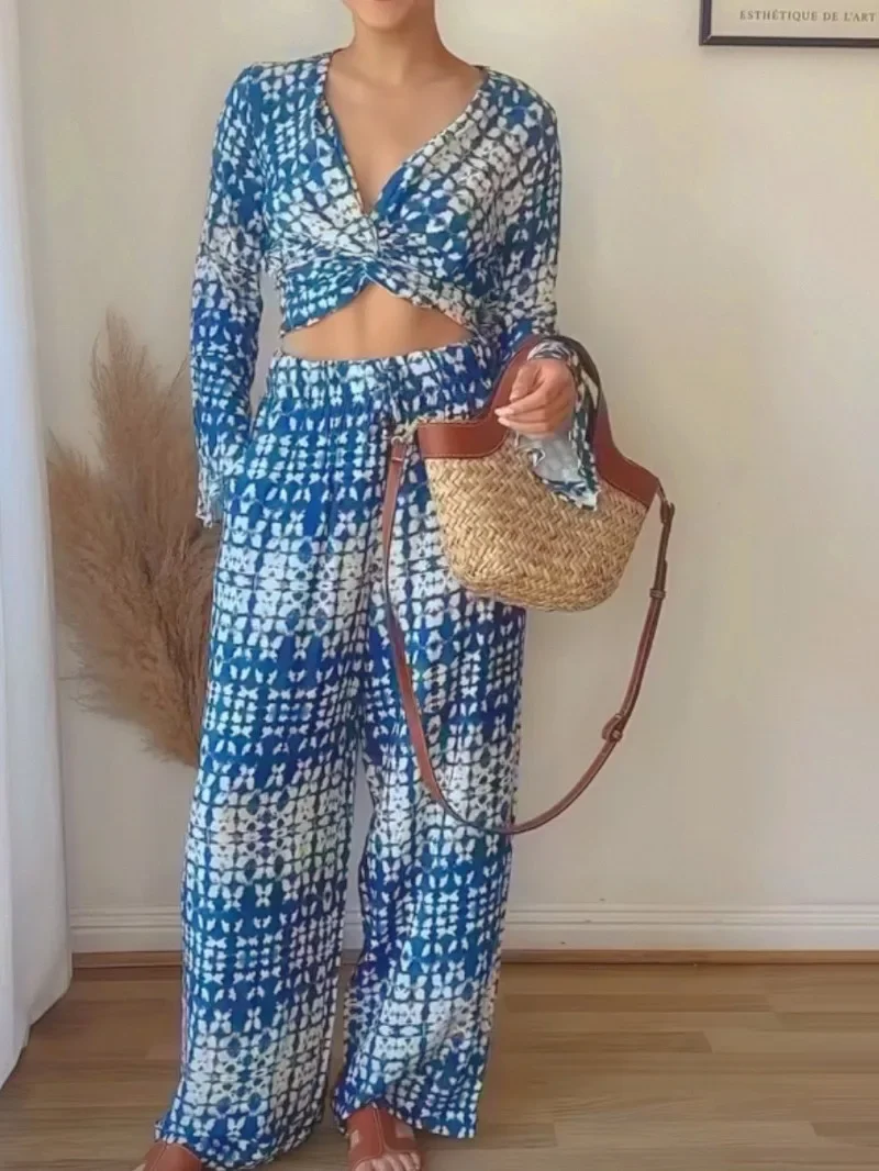 

Holiday Pants Sets New Summer Women Knot-Trim Print Deep V-neck Tops with Wide-Leg Pants Fashion Womens Retro Two Peice Sets